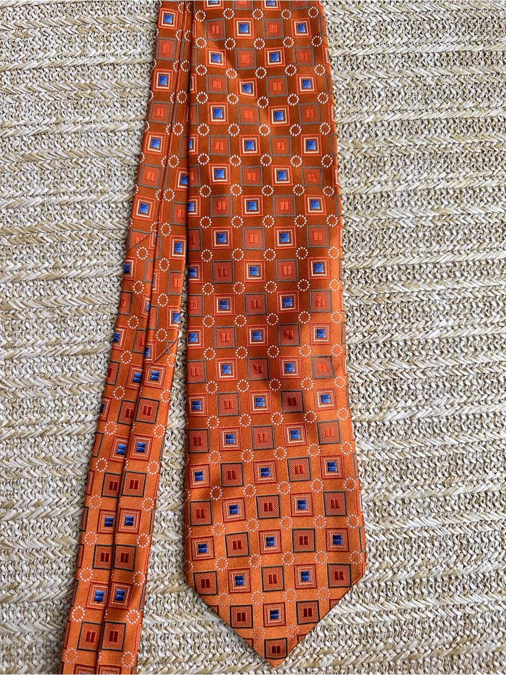Ermenegildo Zegna Orange Silk Geometric Tie with Blue Squares